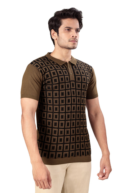 Tim Cooper Switzerland Men’s Knitted Polo T-Shirt with Square Geometric Pattern