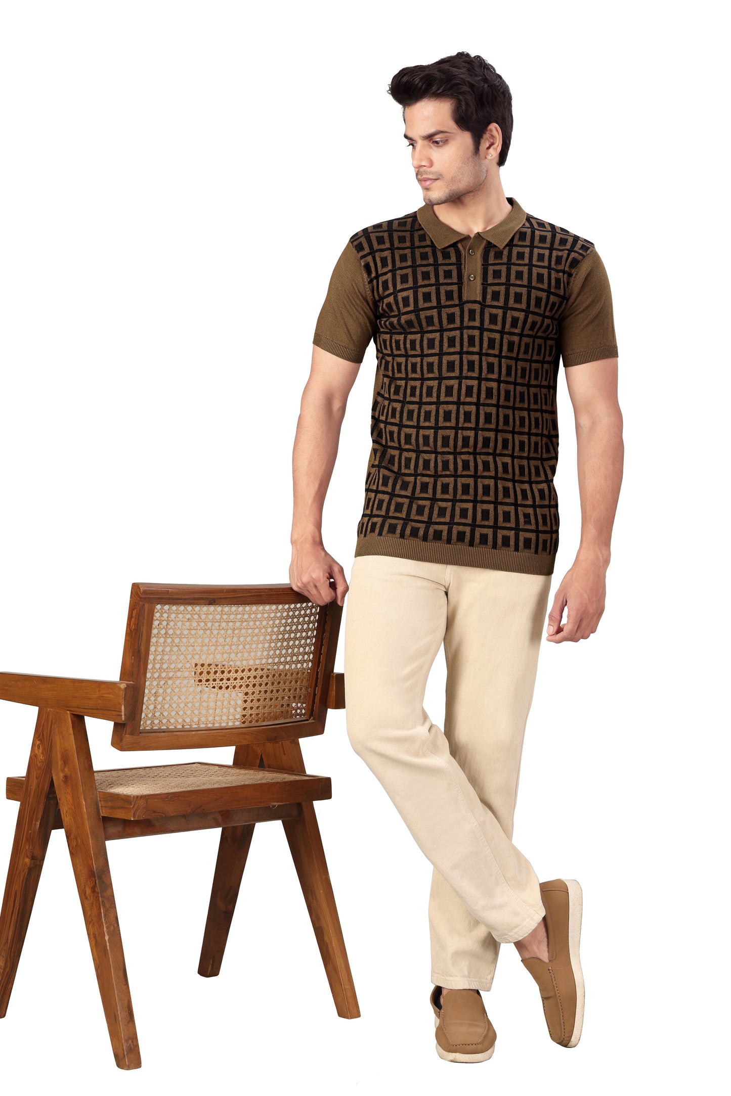 Tim Cooper Switzerland Men’s Knitted Polo T-Shirt with Square Geometric Pattern