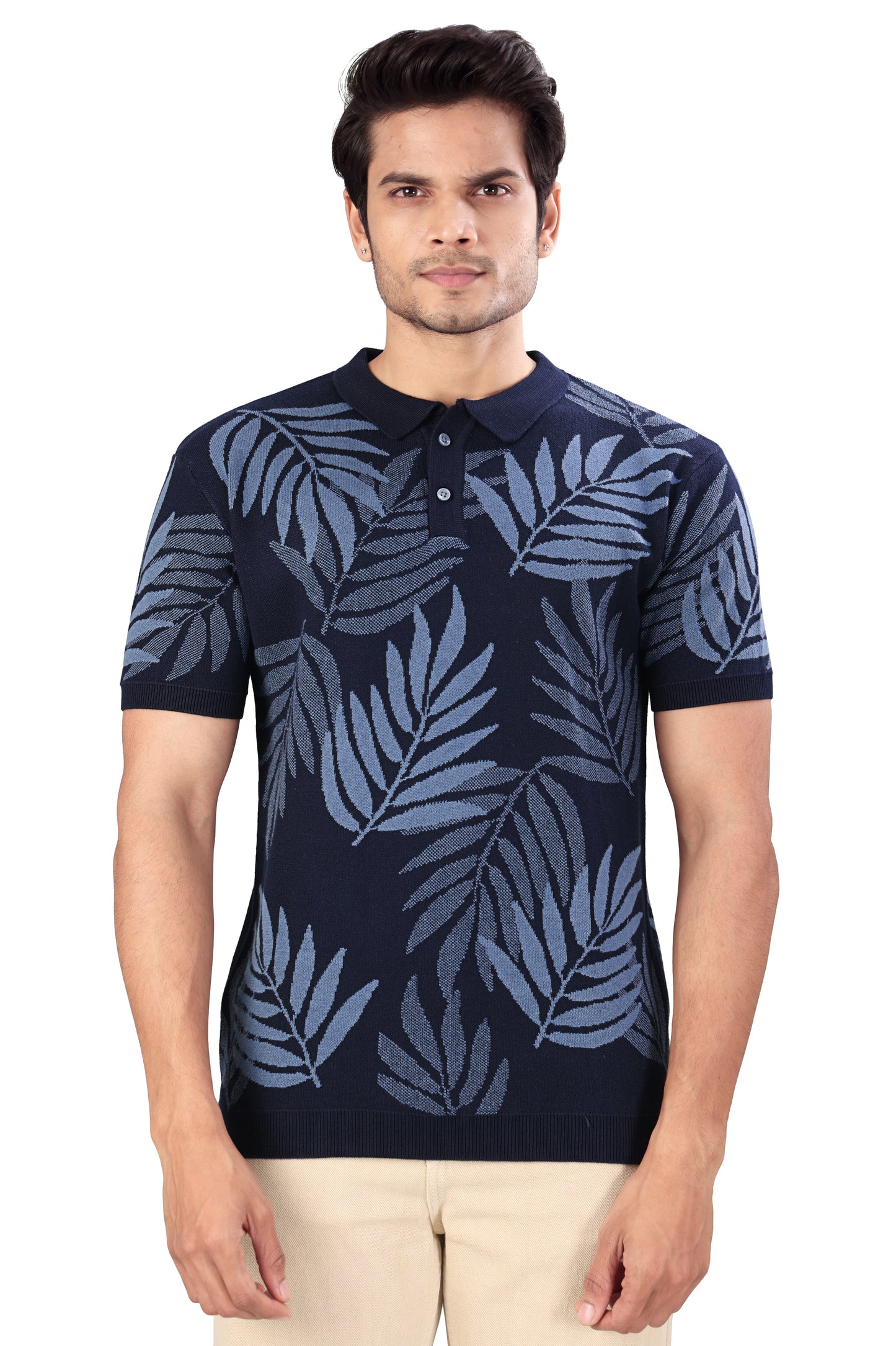 Tim Cooper Switzerland Navy Blue Leaf-Pattern Knitted Polo T-Shirt