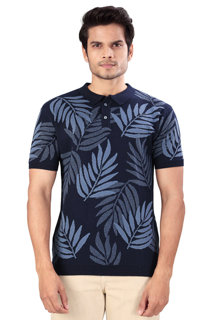 Tim Cooper Switzerland Navy Blue Leaf-Pattern Knitted Polo T-Shirt