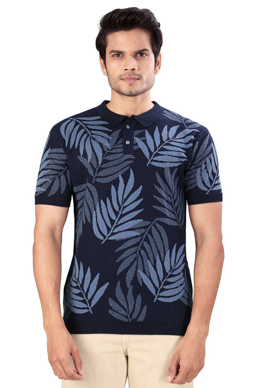 Tim Cooper Switzerland Navy Blue Leaf-Pattern Knitted Polo T-Shirt