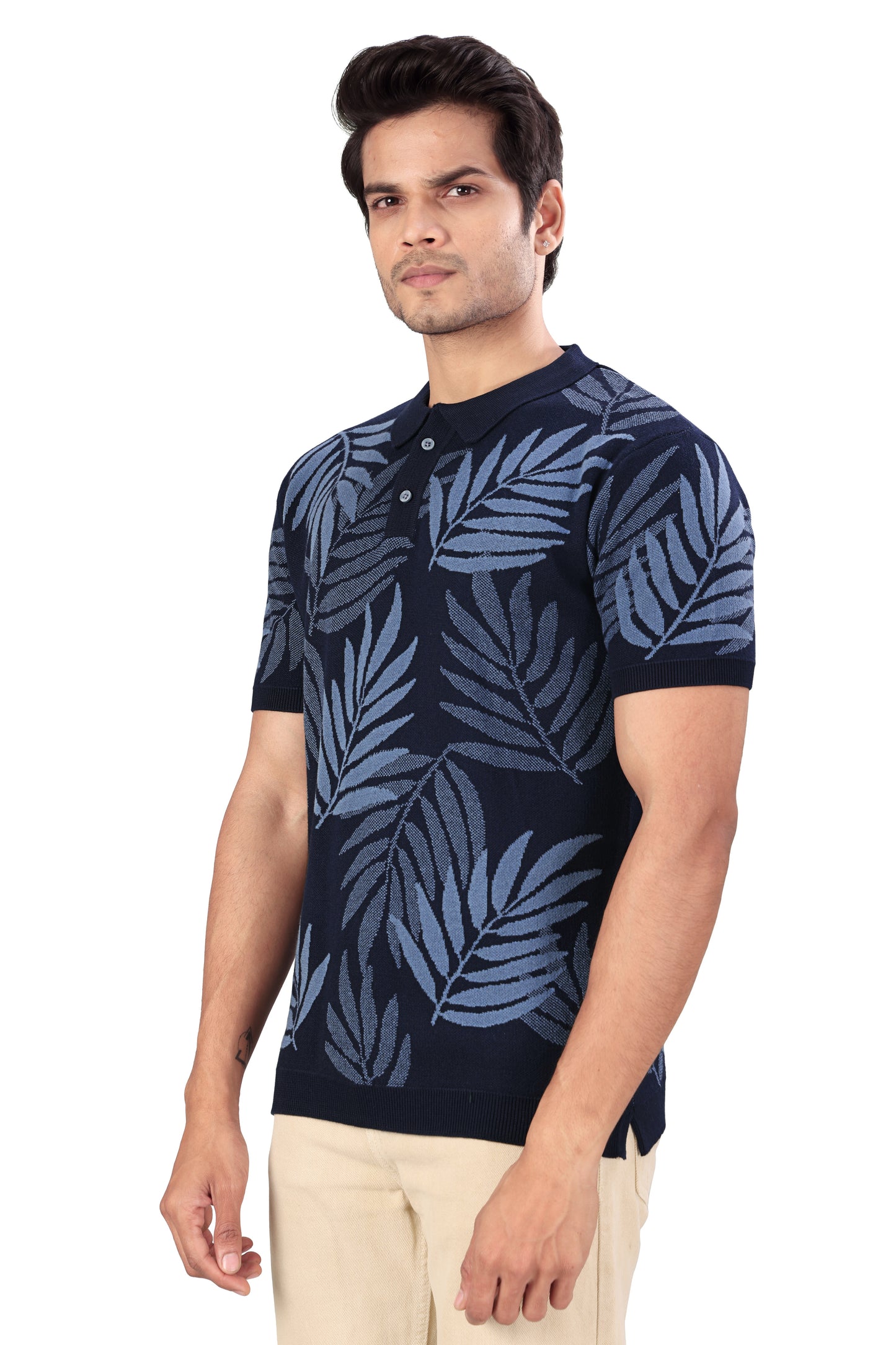 Tim Cooper Switzerland Navy Blue Leaf-Pattern Knitted Polo T-Shirt