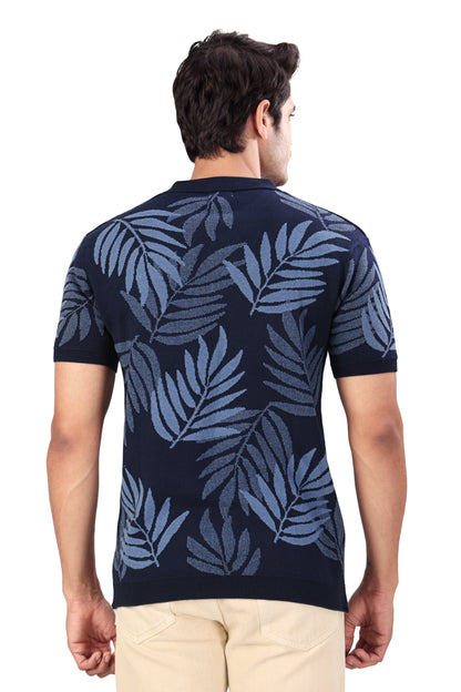 Tim Cooper Switzerland Navy Blue Leaf-Pattern Knitted Polo T-Shirt