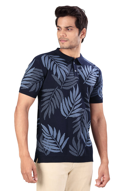 Tim Cooper Switzerland Navy Blue Leaf-Pattern Knitted Polo T-Shirt