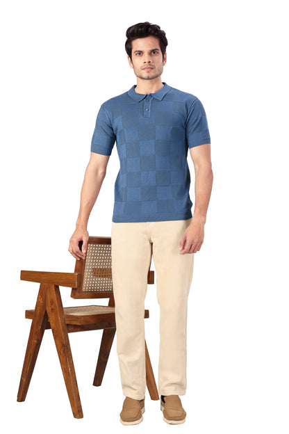 Tim Cooper Switzerland Men’s Blue Textured Knit Polo T-Shirt