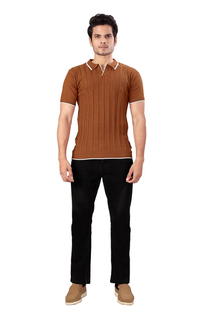 Tim Cooper Switzerland Rust Cable-Knit Polo T-Shirt with Contrast Trim