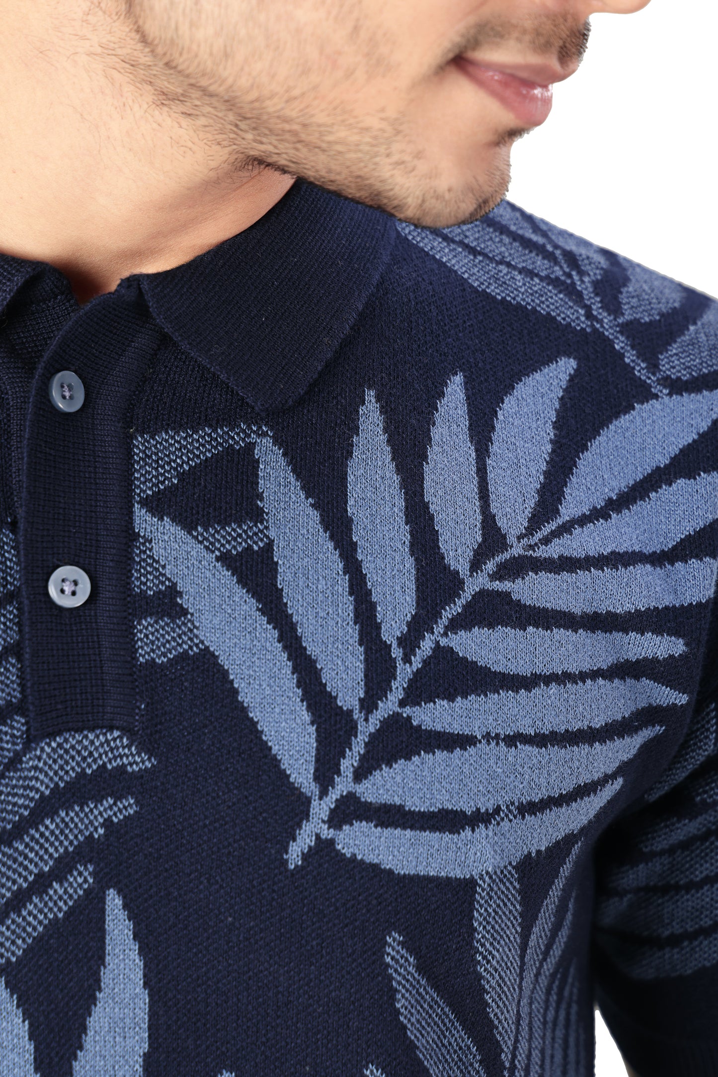 Tim Cooper Switzerland Navy Blue Leaf-Pattern Knitted Polo T-Shirt