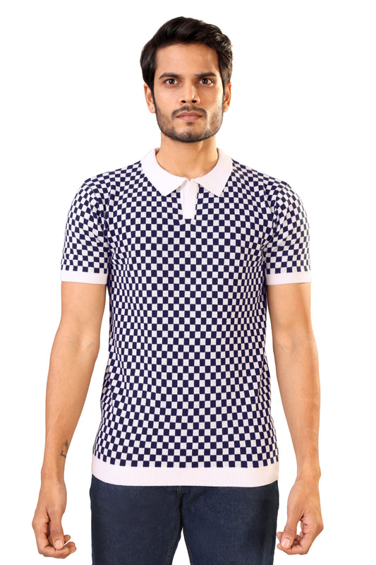Tim Cooper Switzerland Men’s Navy & White Checkered Knit Sweat T-Shirt