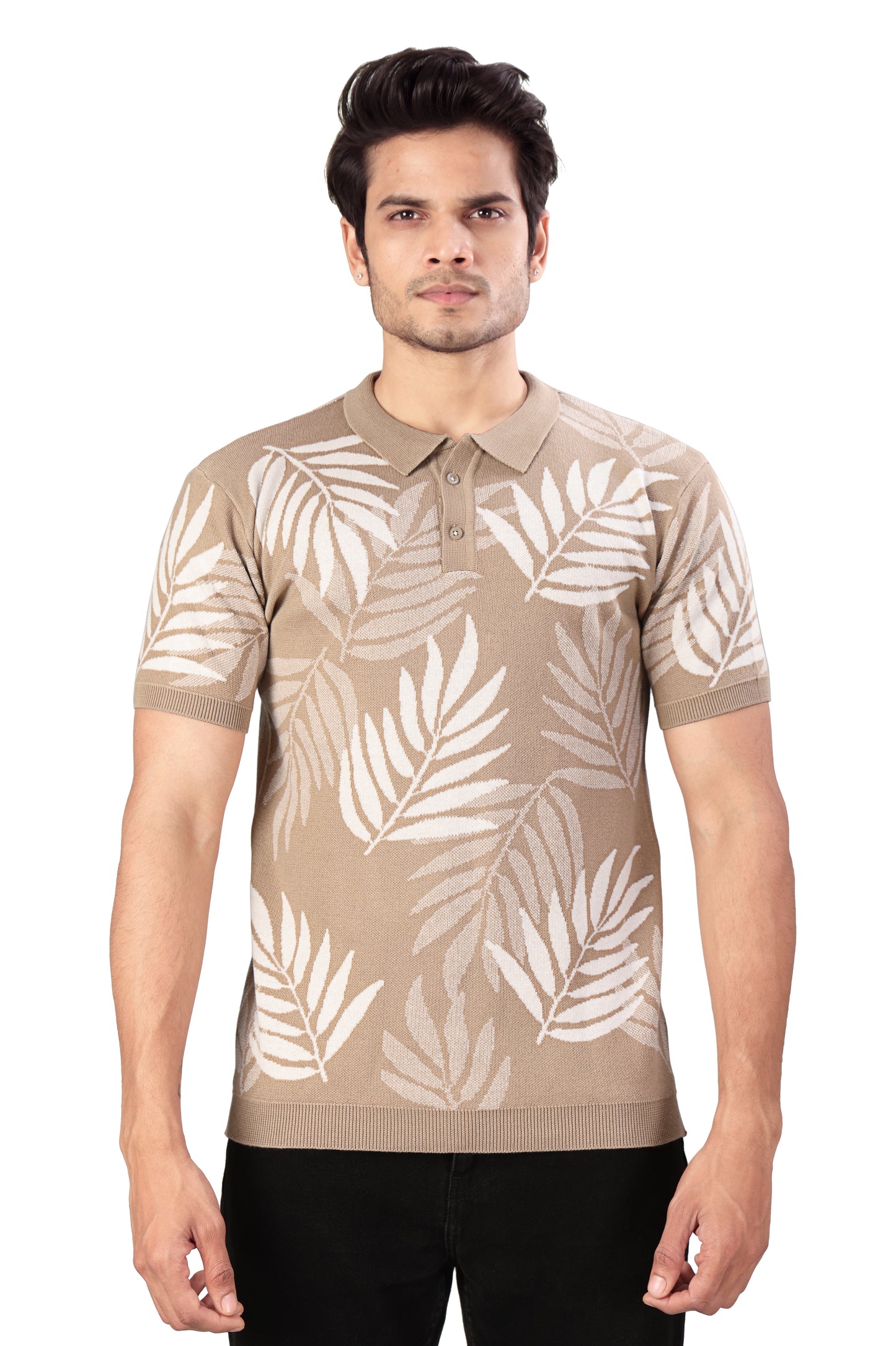Tim Cooper Switzerland Men's Beige Leaf-Pattern Knitted Polo T-Shirt
