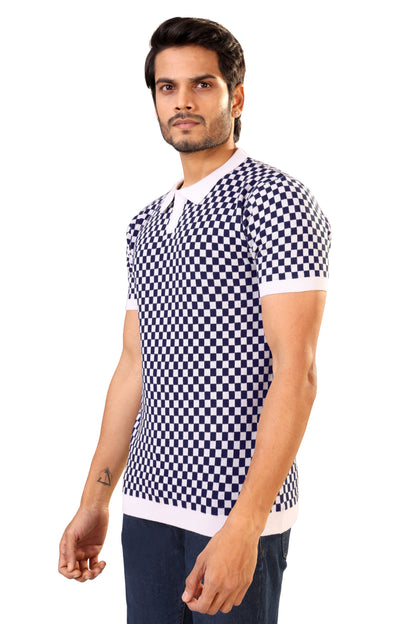 Tim Cooper Switzerland Men’s Navy & White Checkered Knit Sweat T-Shirt