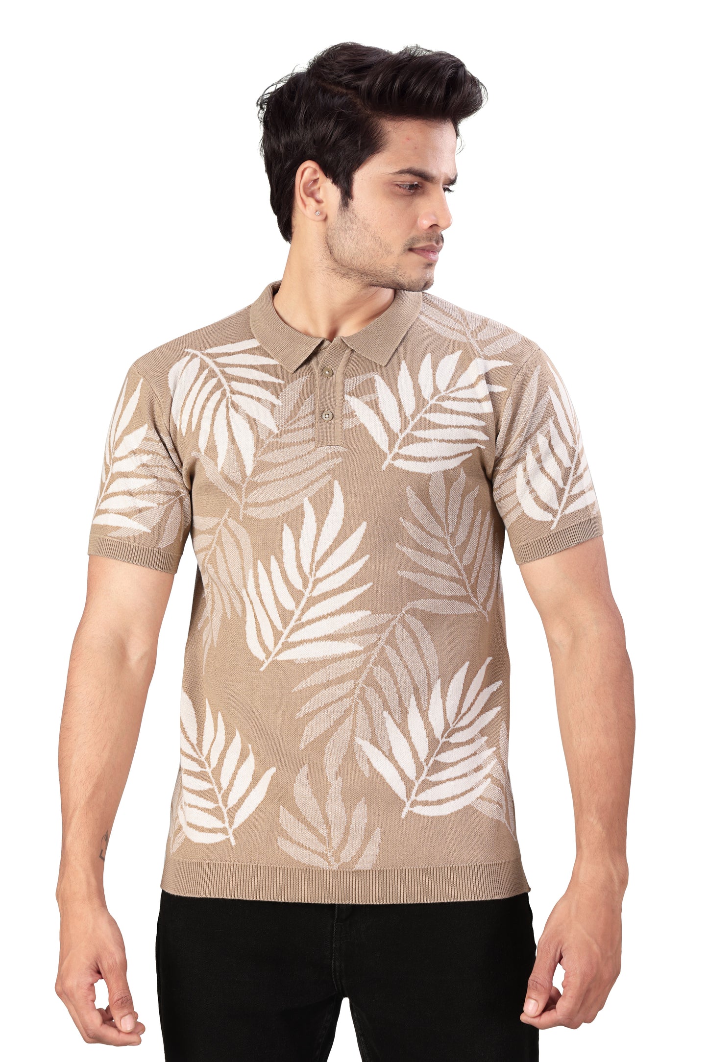 Tim Cooper Switzerland Men's Beige Leaf-Pattern Knitted Polo T-Shirt