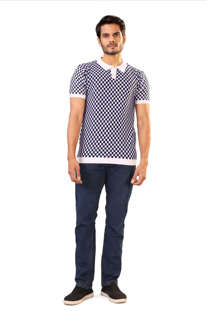 Tim Cooper Switzerland Men’s Navy & White Checkered Knit Sweat T-Shirt