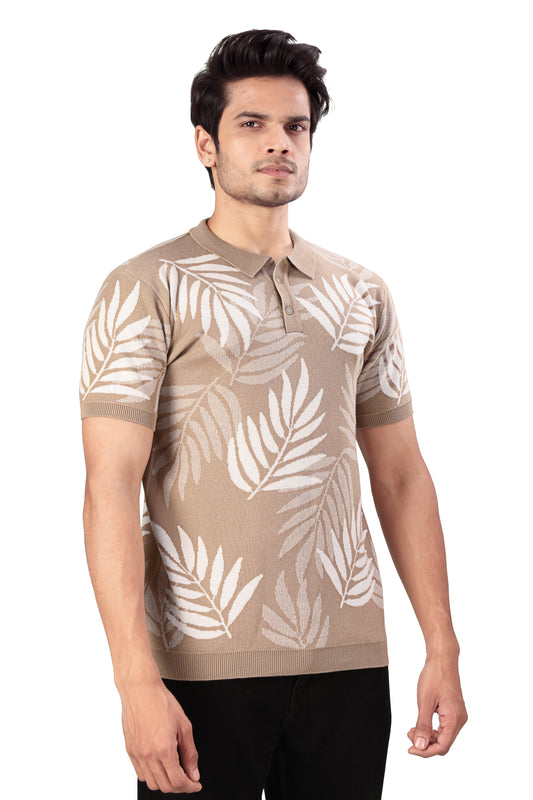 Tim Cooper Switzerland Men's Beige Leaf-Pattern Knitted Polo T-Shirt