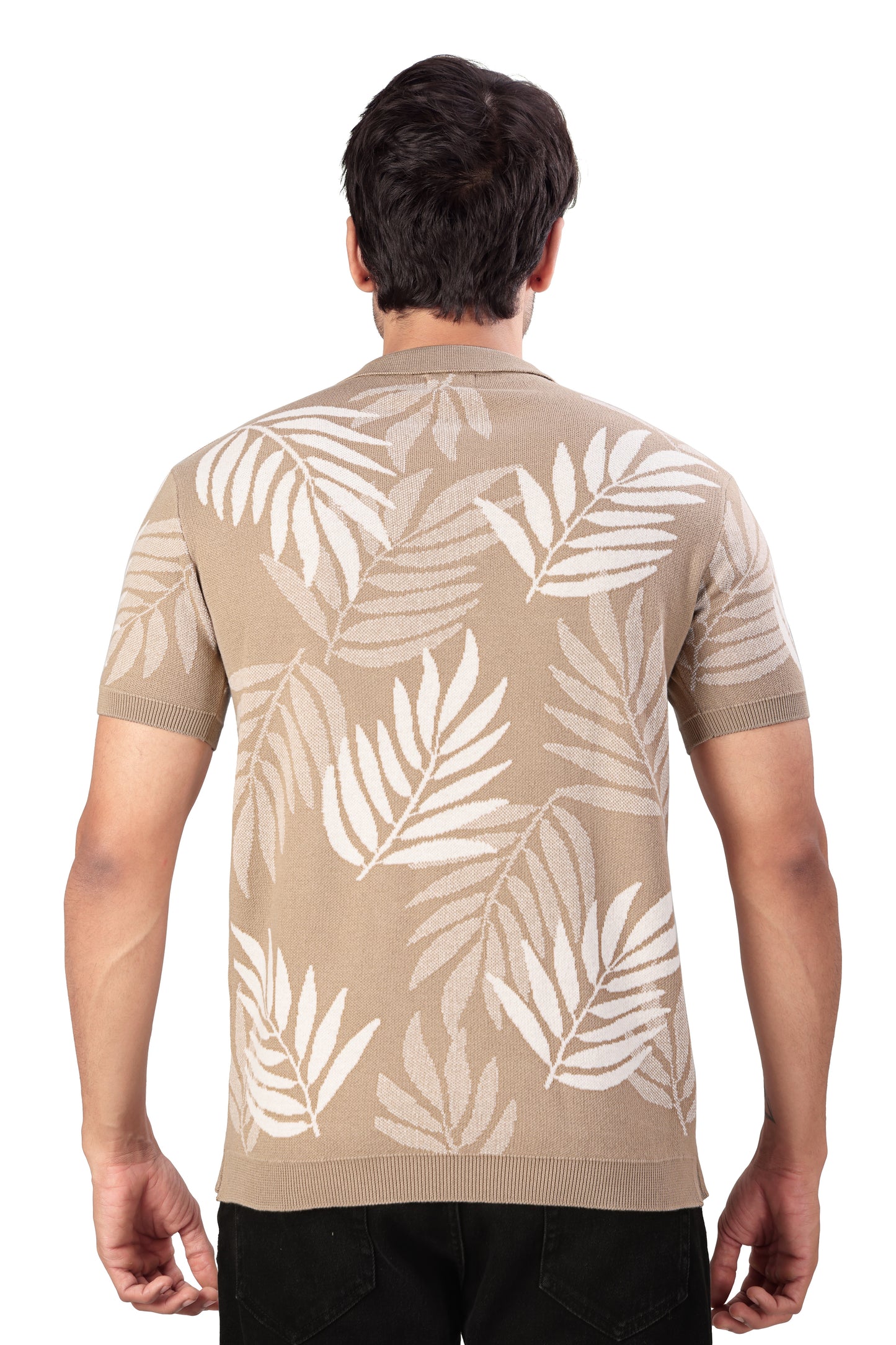 Tim Cooper Switzerland Men's Beige Leaf-Pattern Knitted Polo T-Shirt