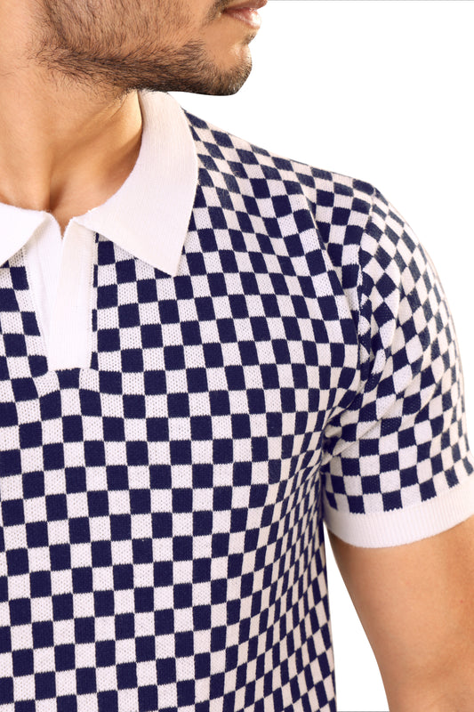 Tim Cooper Switzerland Men’s Navy & White Checkered Knit Sweat T-Shirt