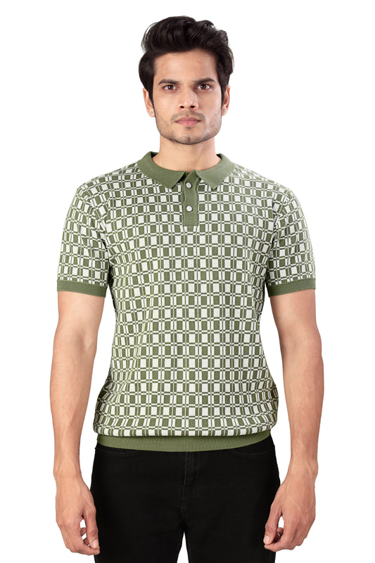 Tim Cooper Switzerland Men's Green Checkered Knit Polo T-Shirt