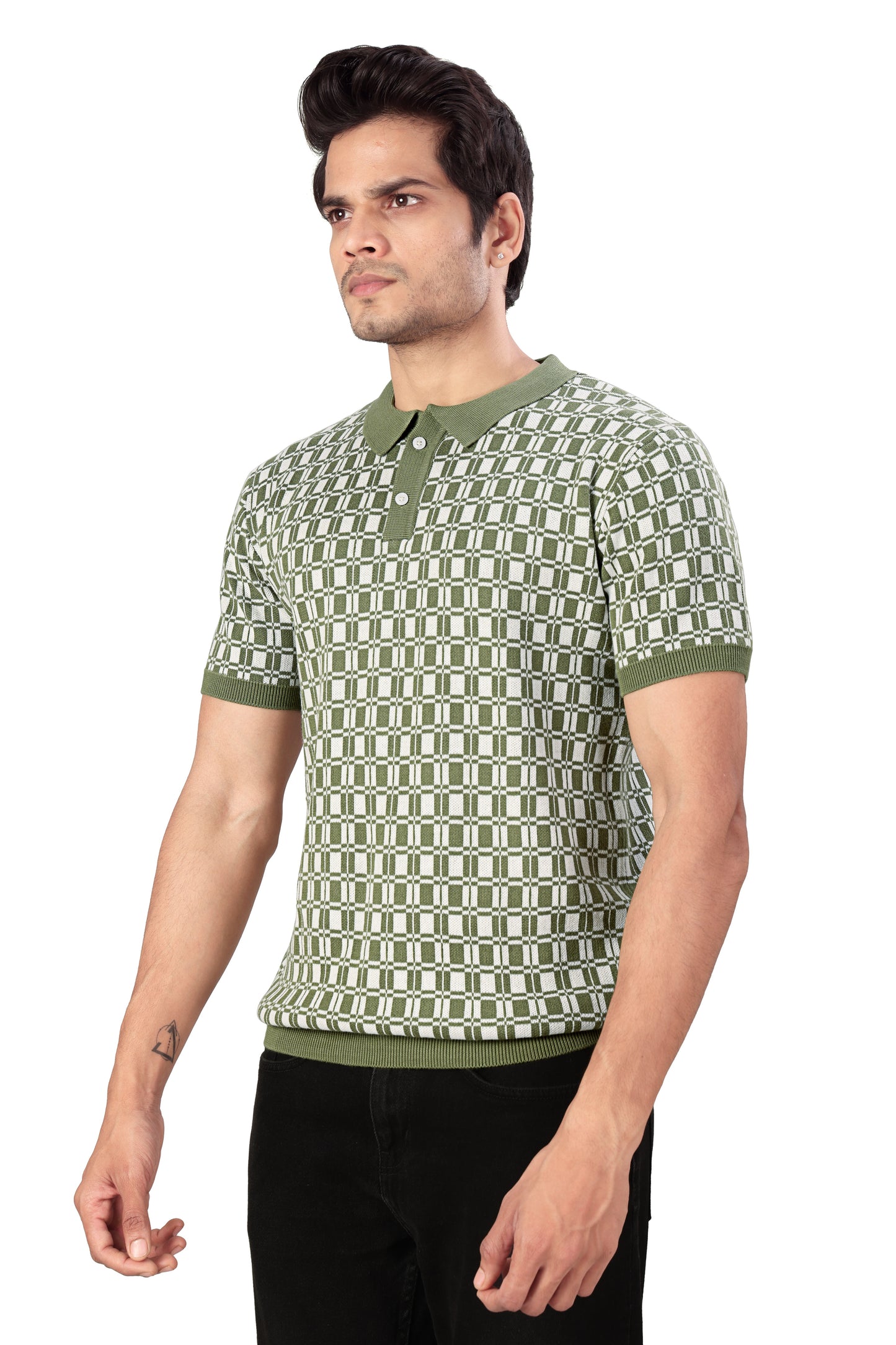 Tim Cooper Switzerland Men's Green Checkered Knit Polo T-Shirt