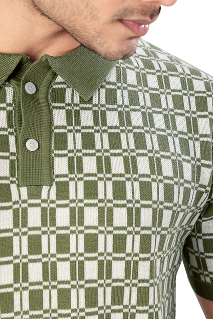 Tim Cooper Switzerland Men's Green Checkered Knit Polo T-Shirt