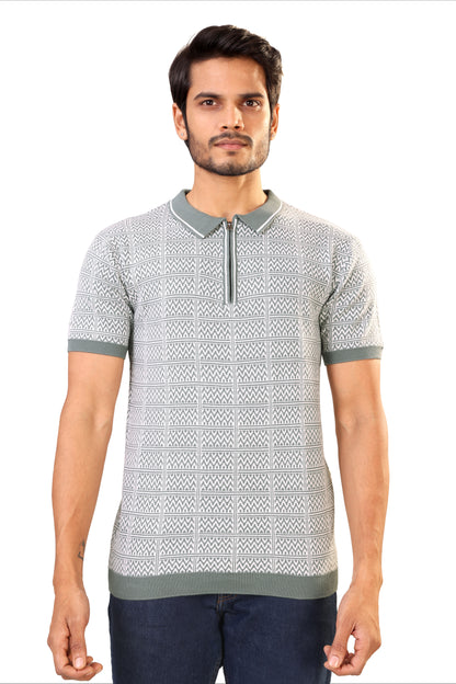 Tim Cooper Switzerland Men’s Sage Green & White Geometric Knit Sweat T-Shirt