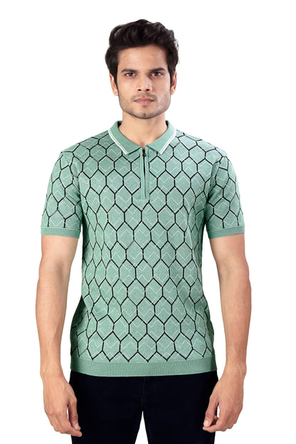 Tim Cooper Switzerland Men's Mint Green Geometric Knit Zip Polo T-Shirt