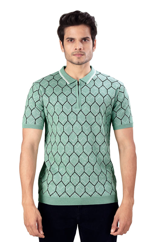 Tim Cooper Switzerland Men's Mint Green Geometric Knit Zip Polo T-Shirt
