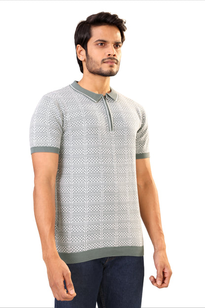 Tim Cooper Switzerland Men’s Sage Green & White Geometric Knit Sweat T-Shirt