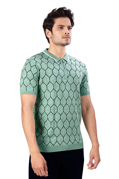 Tim Cooper Switzerland Men's Mint Green Geometric Knit Zip Polo T-Shirt