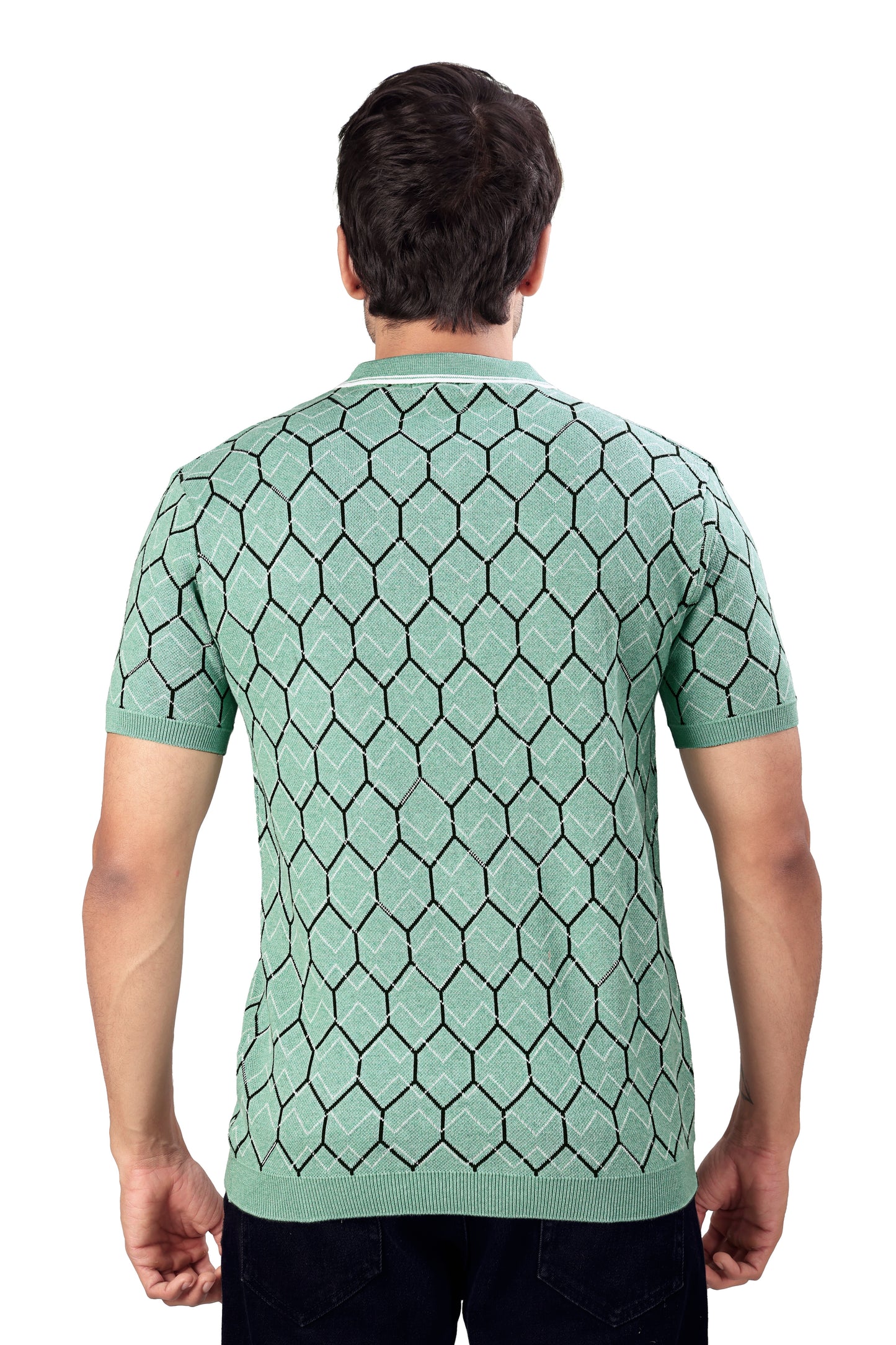 Tim Cooper Switzerland Men's Mint Green Geometric Knit Zip Polo T-Shirt