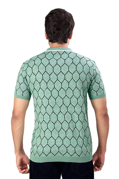 Tim Cooper Switzerland Men's Mint Green Geometric Knit Zip Polo T-Shirt