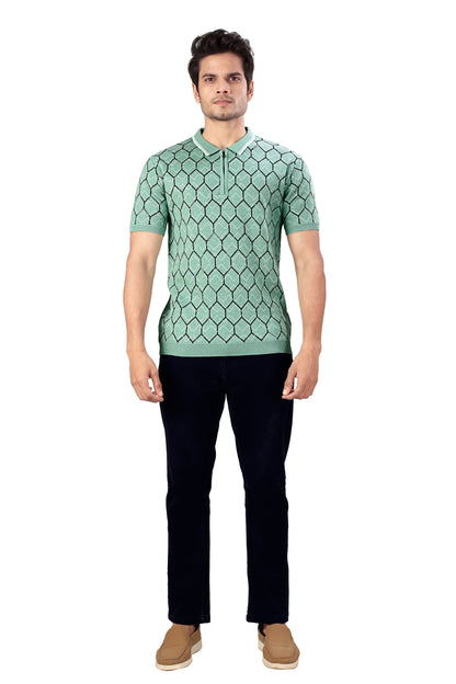 Tim Cooper Switzerland Men's Mint Green Geometric Knit Zip Polo T-Shirt