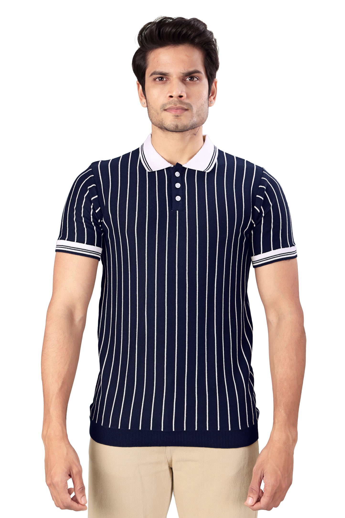 Tim Cooper Switzerland Men's Navy Blue Vertical Stripe Knit Polo T-Shirt
