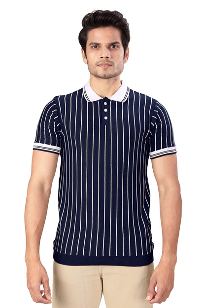 Tim Cooper Switzerland Men's Navy Blue Vertical Stripe Knit Polo T-Shirt