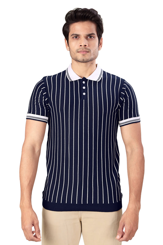 Tim Cooper Switzerland Men's Navy Blue Vertical Stripe Knit Polo T-Shirt