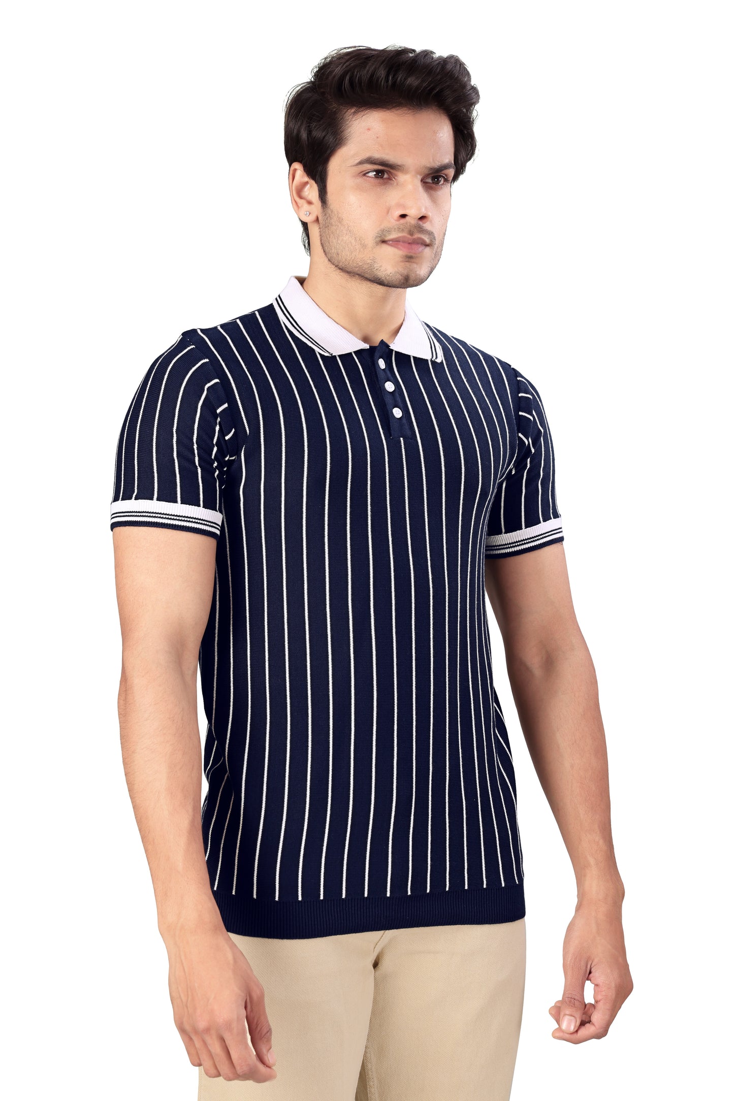 Tim Cooper Switzerland Men's Navy Blue Vertical Stripe Knit Polo T-Shirt