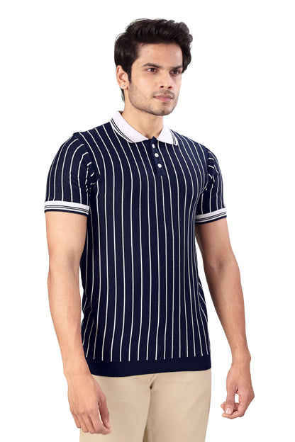 Tim Cooper Switzerland Men's Navy Blue Vertical Stripe Knit Polo T-Shirt