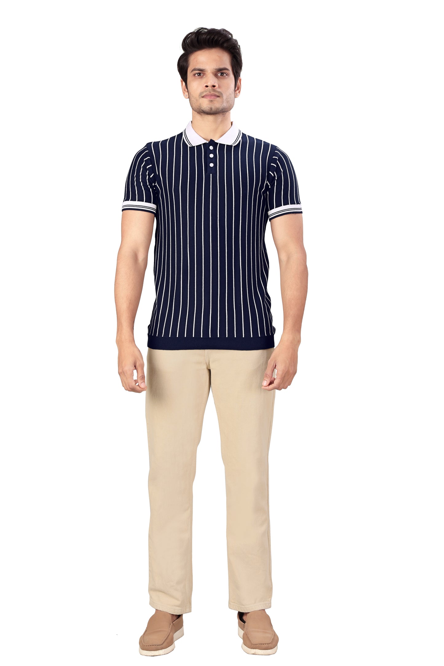 Tim Cooper Switzerland Men's Navy Blue Vertical Stripe Knit Polo T-Shirt