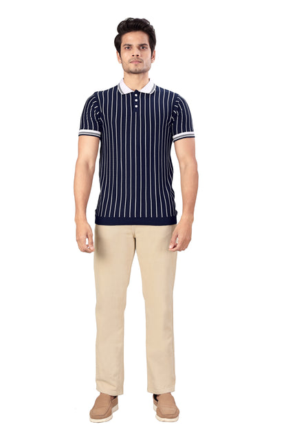 Tim Cooper Switzerland Men's Navy Blue Vertical Stripe Knit Polo T-Shirt