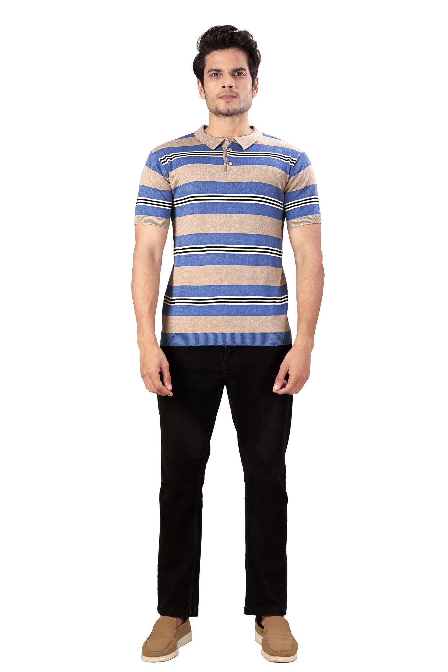 Tim Cooper Switzerland Senior Man Wearing a Striped Polo T-Shirt