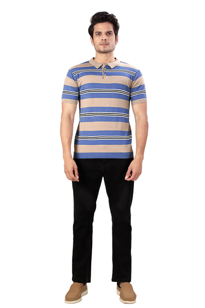 Tim Cooper Switzerland Senior Man Wearing a Striped Polo T-Shirt