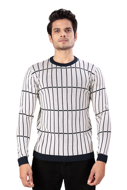 Tim Cooper Switzerland Men’s Cream Knit Sweater with Navy Grid Pattern