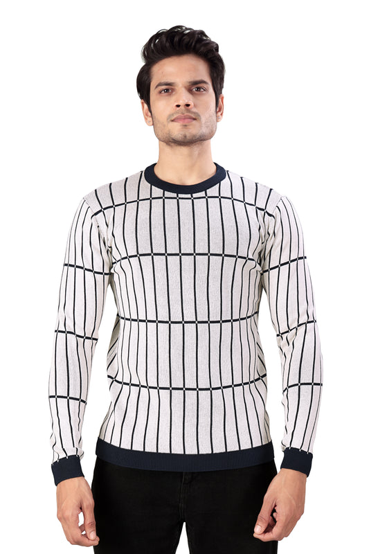 Tim Cooper Switzerland Men’s Cream Knit Sweater with Navy Grid Pattern