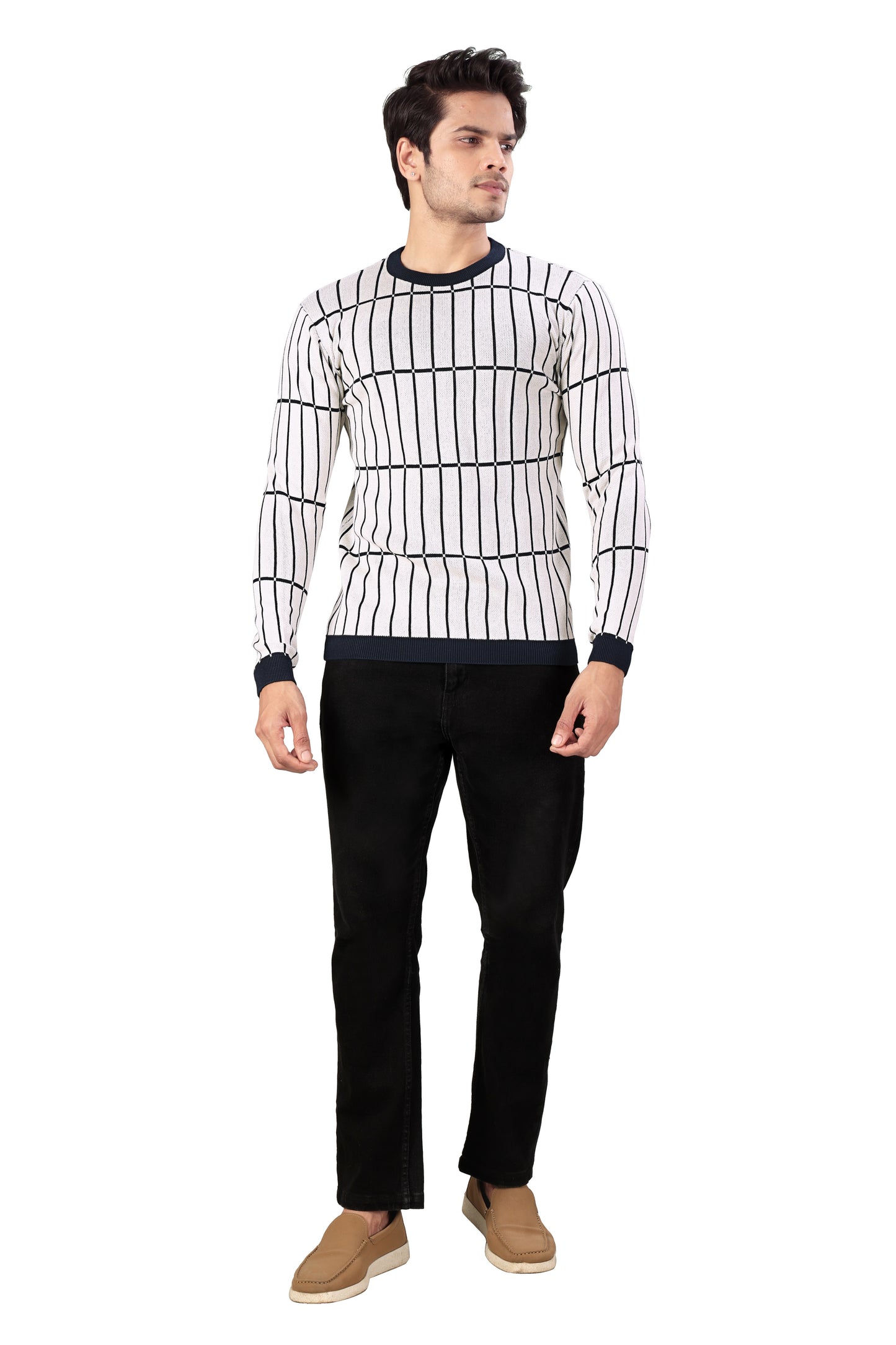 Tim Cooper Switzerland Men’s Cream Knit Sweater with Navy Grid Pattern