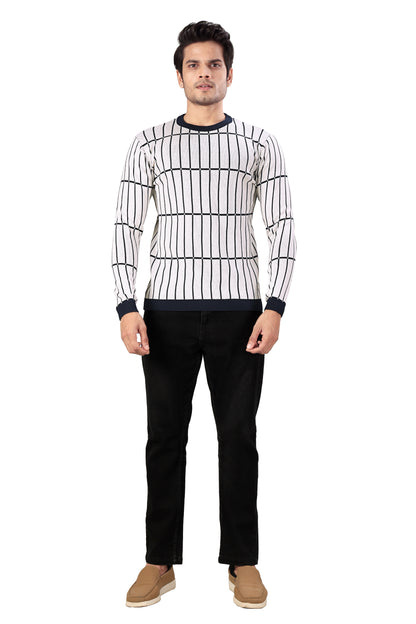 Tim Cooper Switzerland Men’s Cream Knit Sweater with Navy Grid Pattern