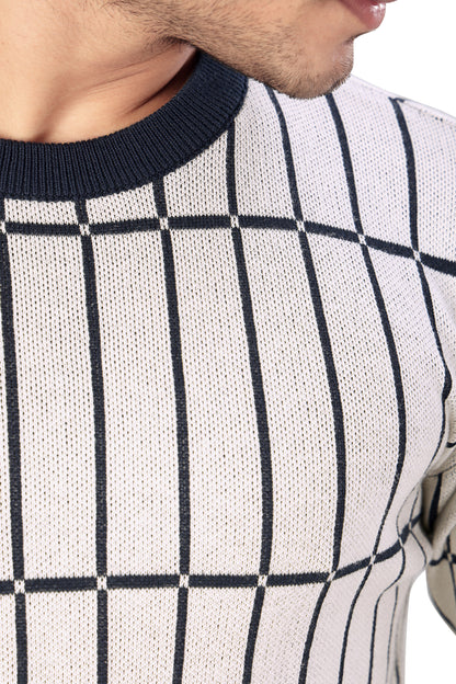 Tim Cooper Switzerland Men’s Cream Knit Sweater with Navy Grid Pattern