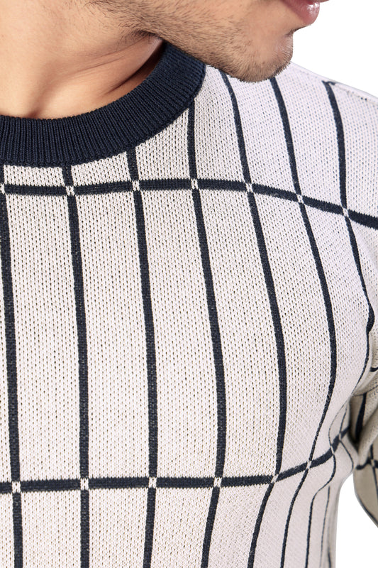 Tim Cooper Switzerland Men’s Cream Knit Sweater with Navy Grid Pattern