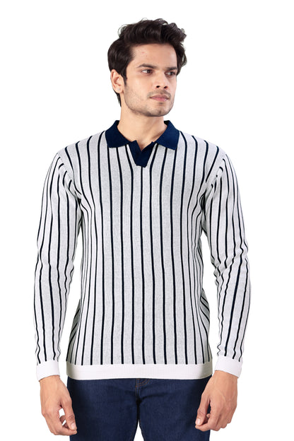 Tim Cooper Switzerland Men’s White Knit Polo Sweater with Navy Vertical Stripes