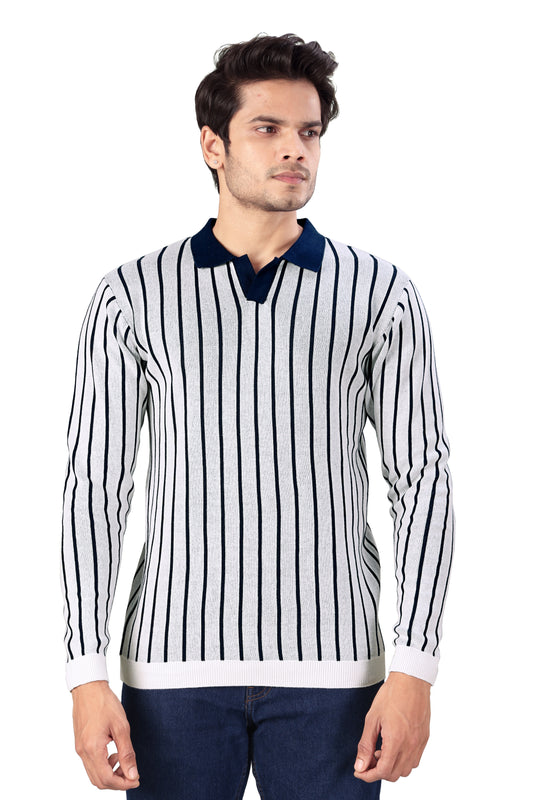 Tim Cooper Switzerland Men’s White Knit Polo Sweater with Navy Vertical Stripes