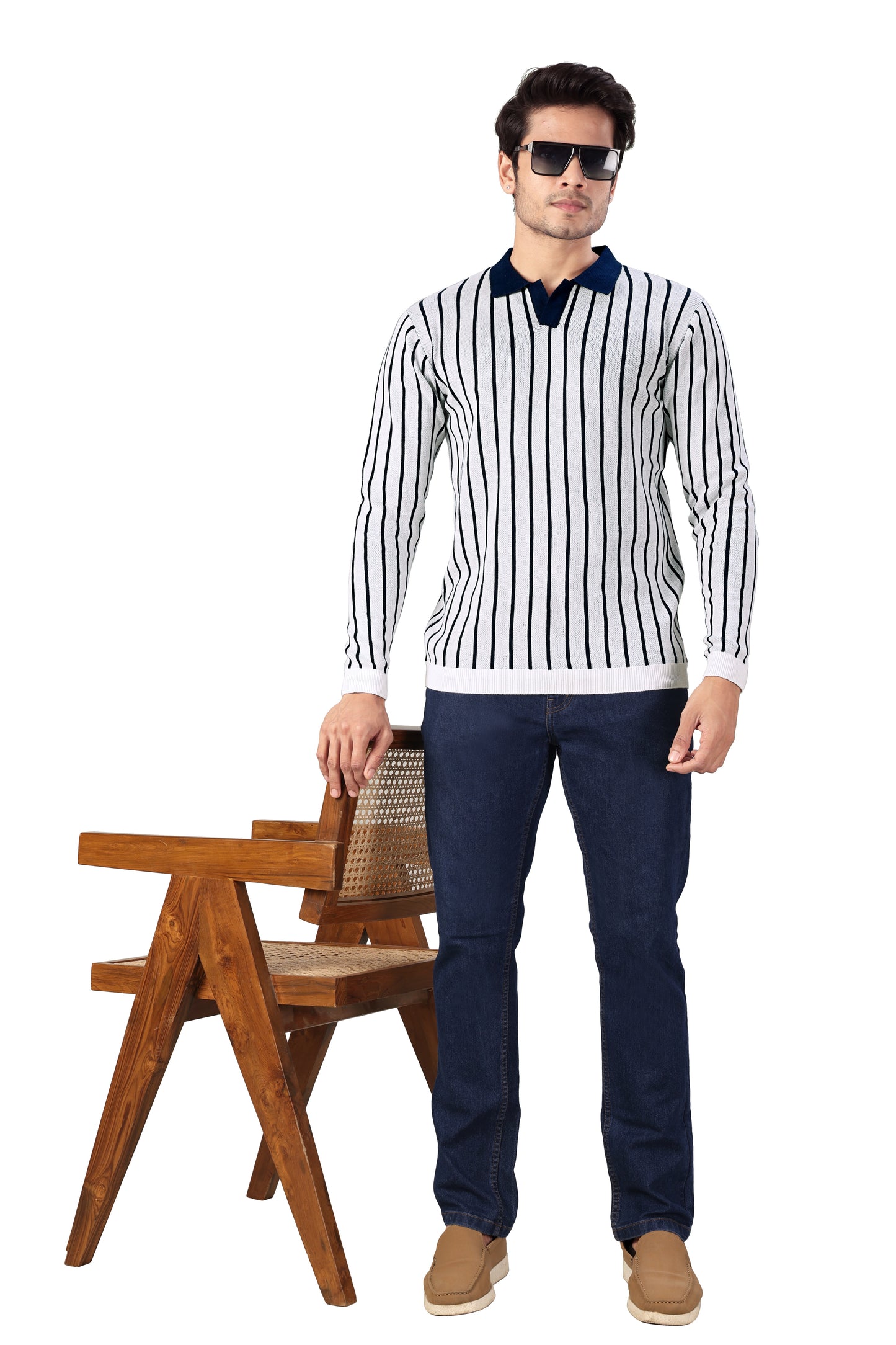 Tim Cooper Switzerland Men’s White Knit Polo Sweater with Navy Vertical Stripes