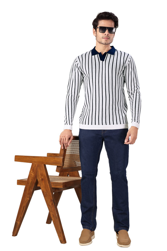 Tim Cooper Switzerland Men’s White Knit Polo Sweater with Navy Vertical Stripes