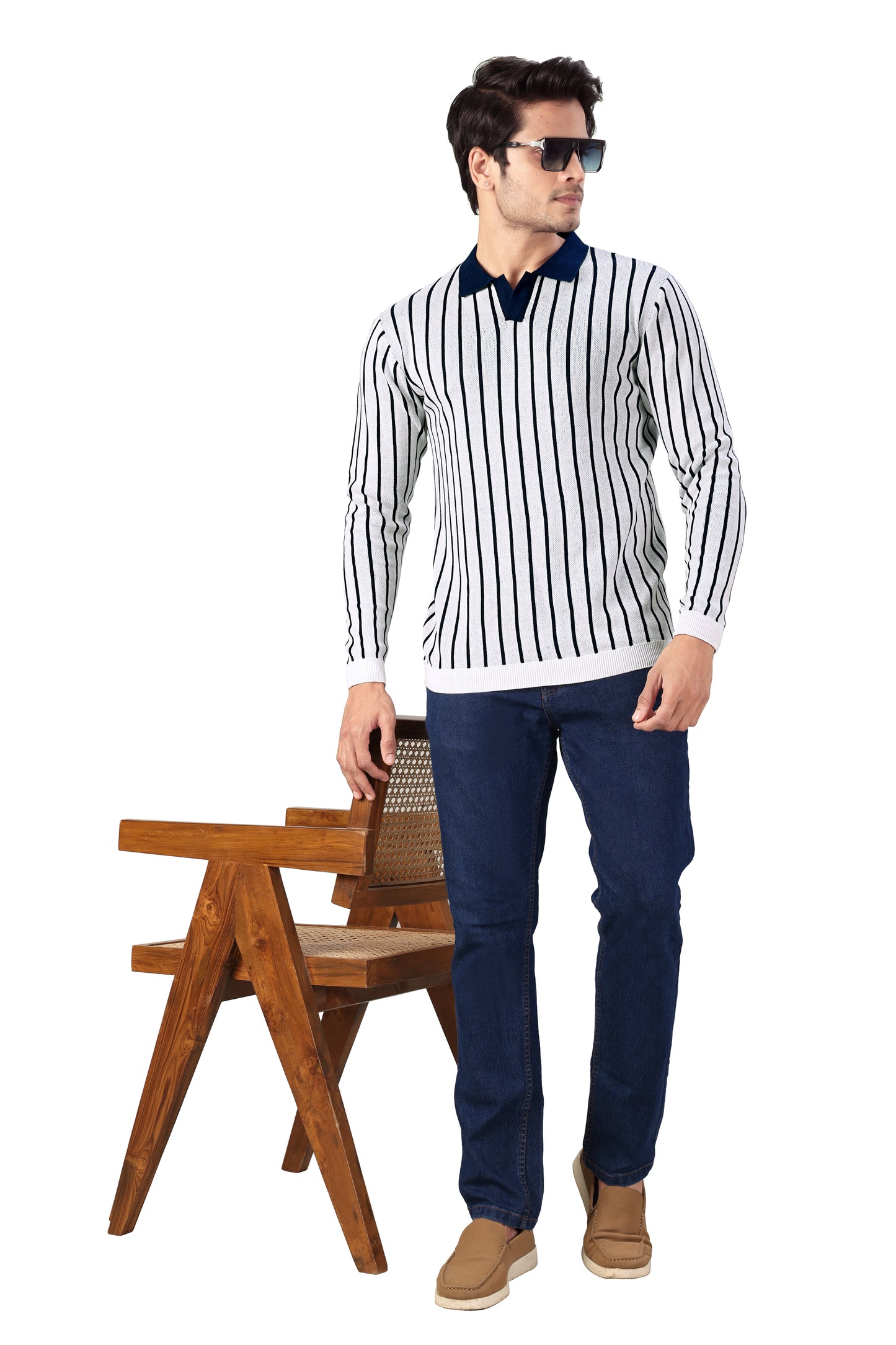 Tim Cooper Switzerland Men’s White Knit Polo Sweater with Navy Vertical Stripes